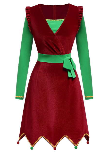 Red 1960s Christmas Wave Hem Contrast Dress